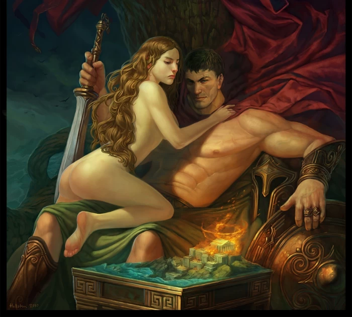 Aphrodite và Thần Ares (chiến tranh) trong cảnh ân ái cuồng nhiệt