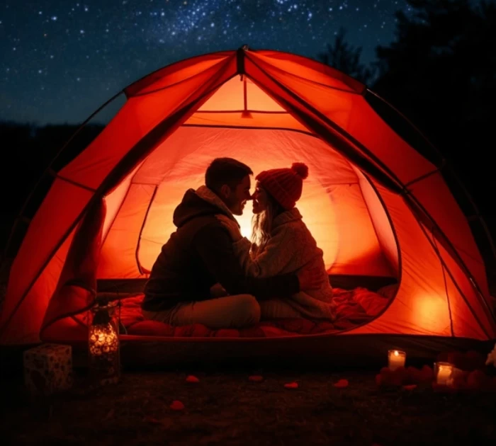 Đèn vàng tạo ánh sáng lãng mạn trong lều cắm trại