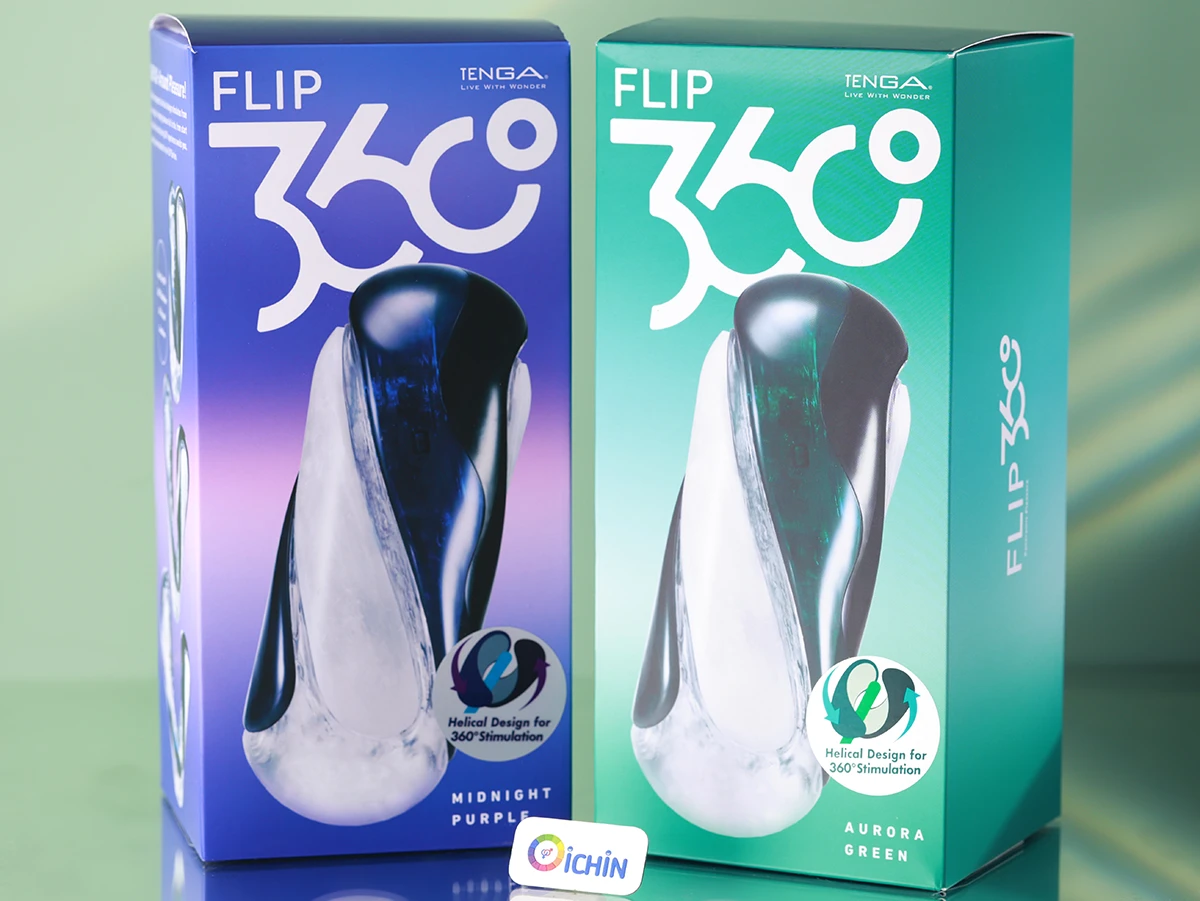 Hộp đóng gói Tenga Flip 360 hai màu tím và xanh lá