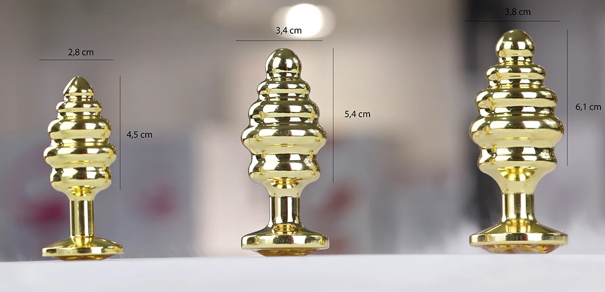 Ảnh thông số kích thước của Phích cắm hậu môn xoắn ốc Inox mạ vàng cao cấp